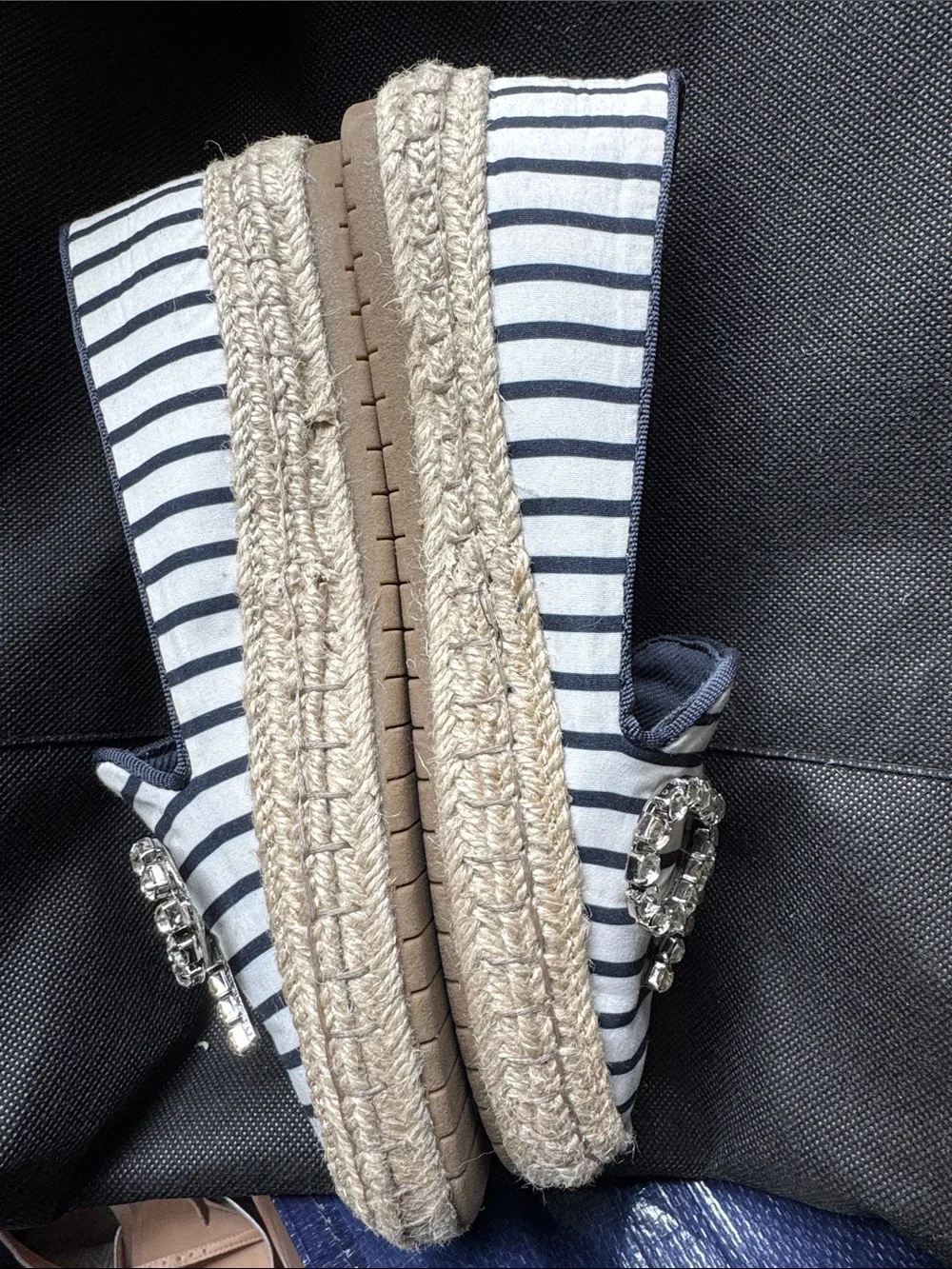 On 34th Navy Stripe Espadrille Loafer with Crystal Accent
